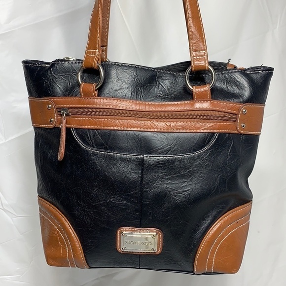 STONE & Co Black and Dark Tan Faux Leather Hobo with Magnetic Snap Closure - Picture 1 of 10